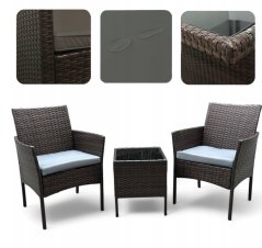 Rattan garnitúra asztallal és 2 fotelekkel - barna + világosszürke párnákkal