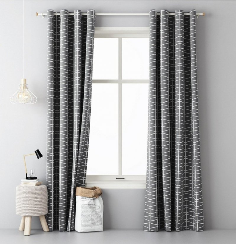 Tmavě šedé luxusní závěsy do obýváku s bílým skandinávským vzorem 140x250 cm