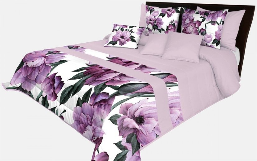 Copriletto di un bel colore viola con stampa di perfetti fiori viola