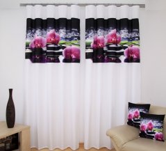 Fehér luxus függöny rózsaszín orchideával, fekete motívummal
