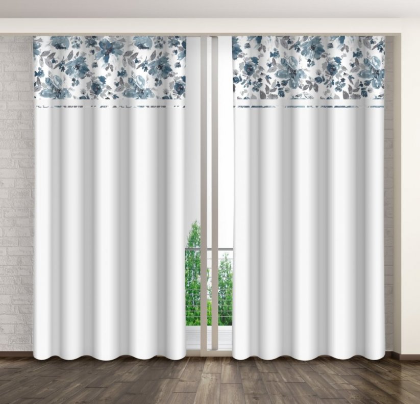 Biely dekoračný záves s potlačou jednoduchých modrých kvetov - Rozmer závesu: Šírka: 160 cm | Dĺžka: 250 cm