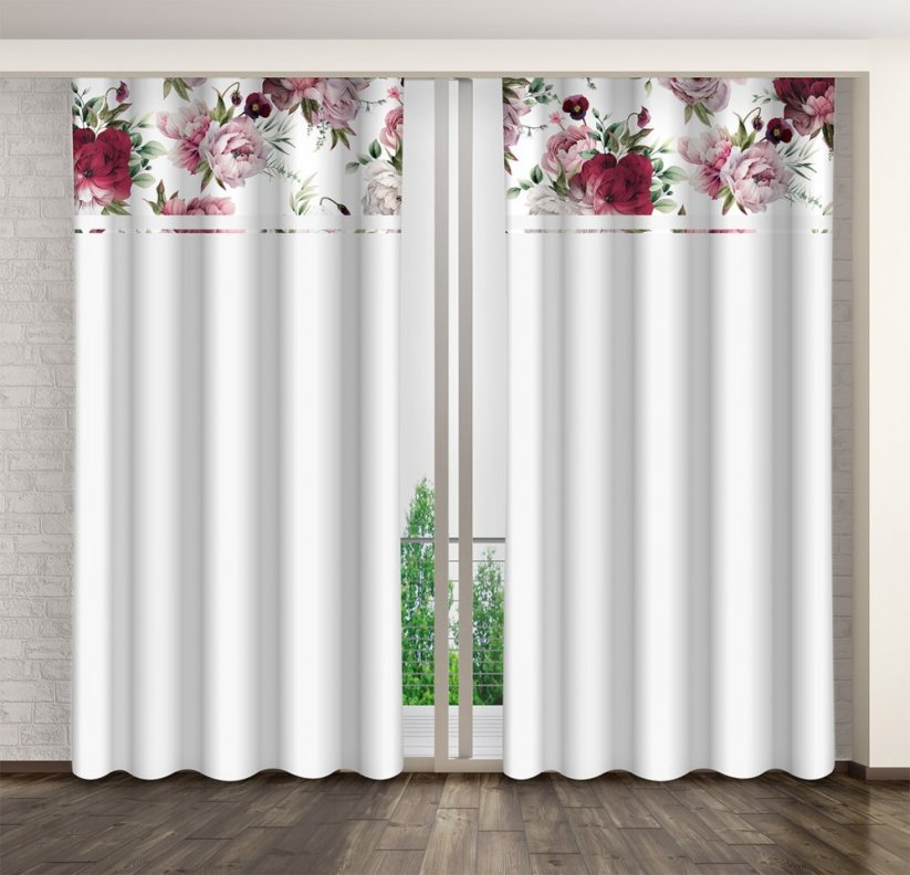Egyszerű fehér függöny rózsaszín és bordó pünkösdi rózsaszínnel és bazsarózsaszínnel - Méret: Szélesség: 160 cm | Hossz: 250 cm