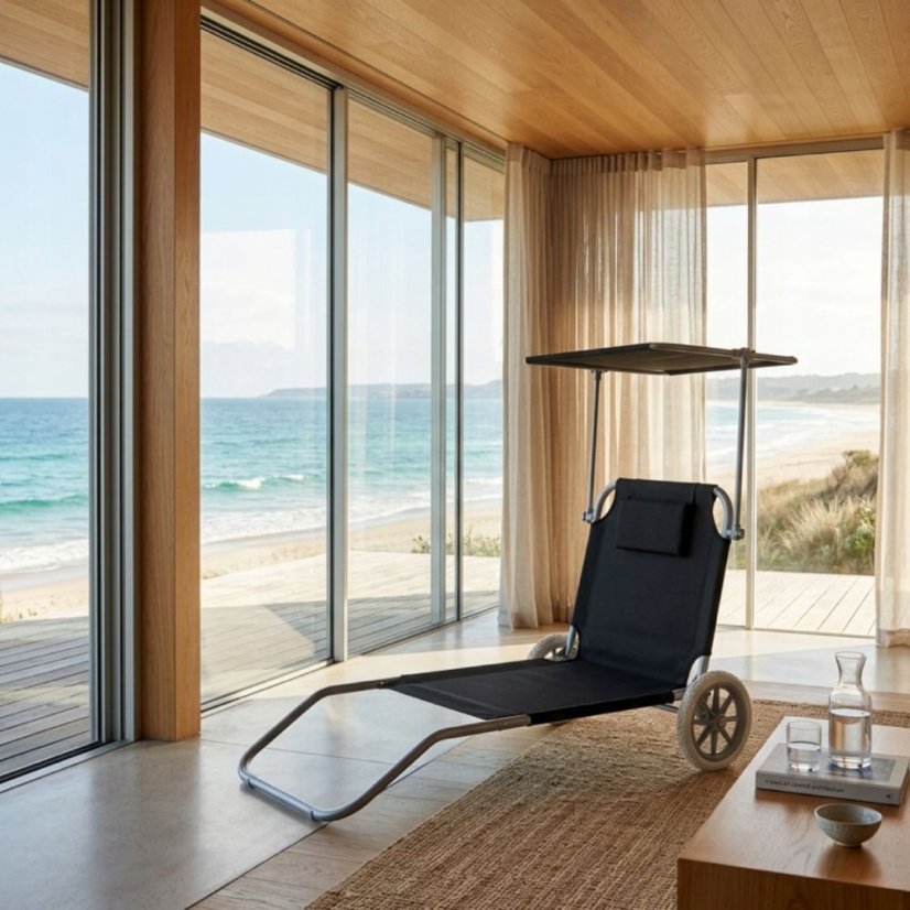 Plážové ležadlo 2v1 s kolieskami a strieškou – skladacie lehátko s vozíkom a vankúšom