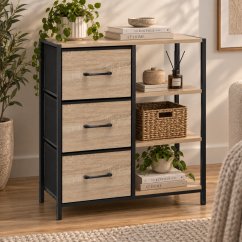 Комод с 3 чекмеджета, облицовани с плат, и рафтове, 70 x 30 x 80 см