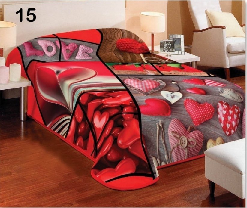 Romantická moderní deka přes postel červené barvy s motivem srdcí