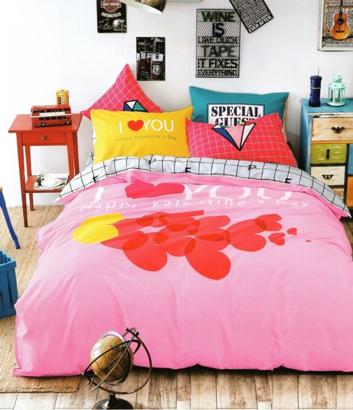 Lenjerie de pat pentru copii culoarea roz-gri cu model de inimi