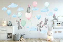 Adesivo da parete per bambini blu con conigli volanti con palloncini 80 x 160 cm