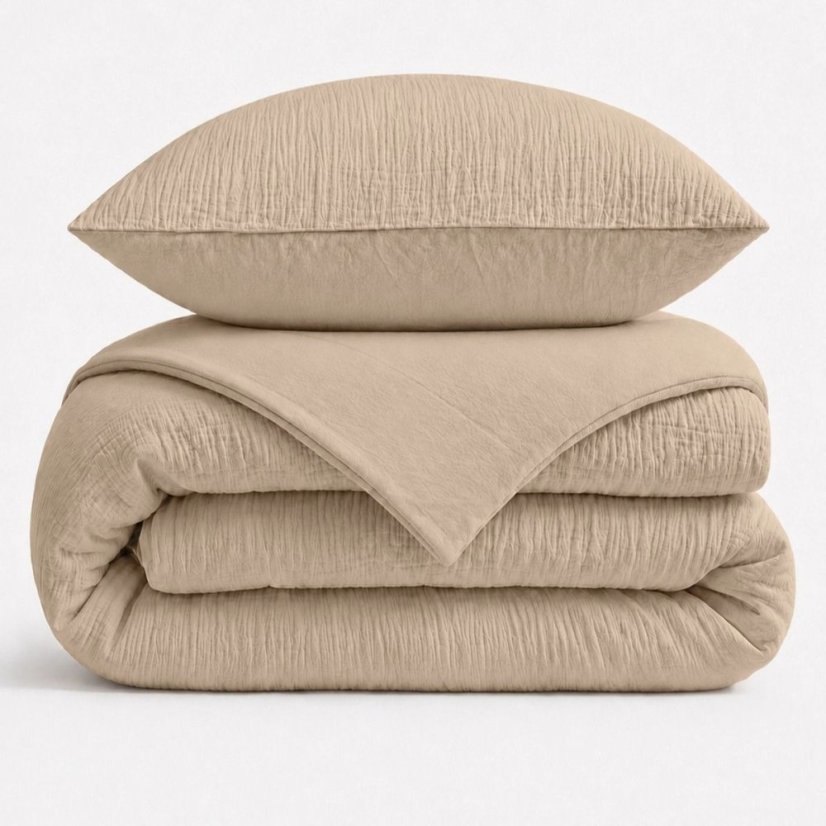 Luxuriöse beige Musselin-Bettwäsche aus Baumwolle mit Knöpfen – weich, atmungsaktiv und ganzjährig geeignet