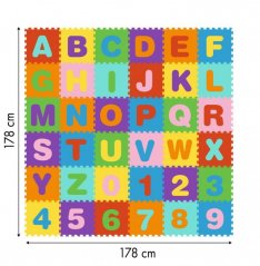 Nagy habszivacs szőnyeg gyerekeknek betűkkel és számokkal, 178x178 cm 36 db.