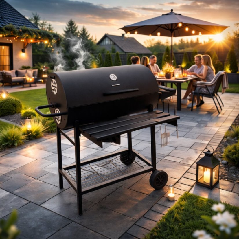 Nagyméretű kerti faszéngrill fedővel és hőmérővel