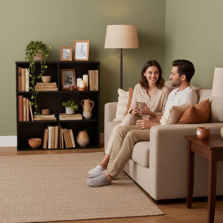 Moderný čierny regál – trojposchodová polica na knihy, dekorácie a hračky