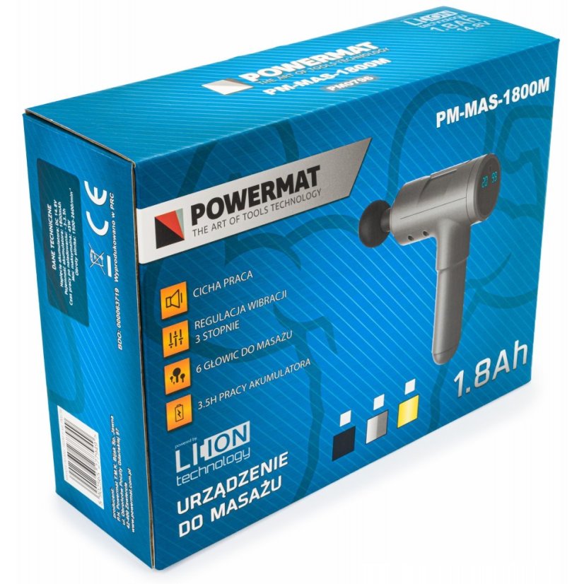 Masážní pistole (1800mAh) + 6 hlav PM-MAS-1800BM