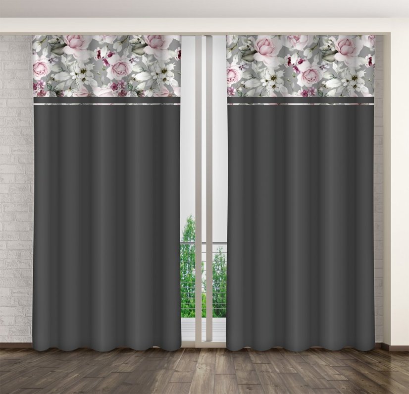 Einfache dunkelgraue Gardine mit rosa Pfingstrosenmuster