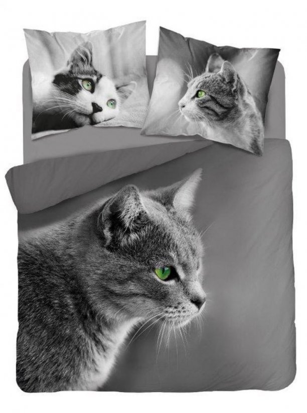 Lenjerie de pat din bumbac gri, cu motiv de pisică