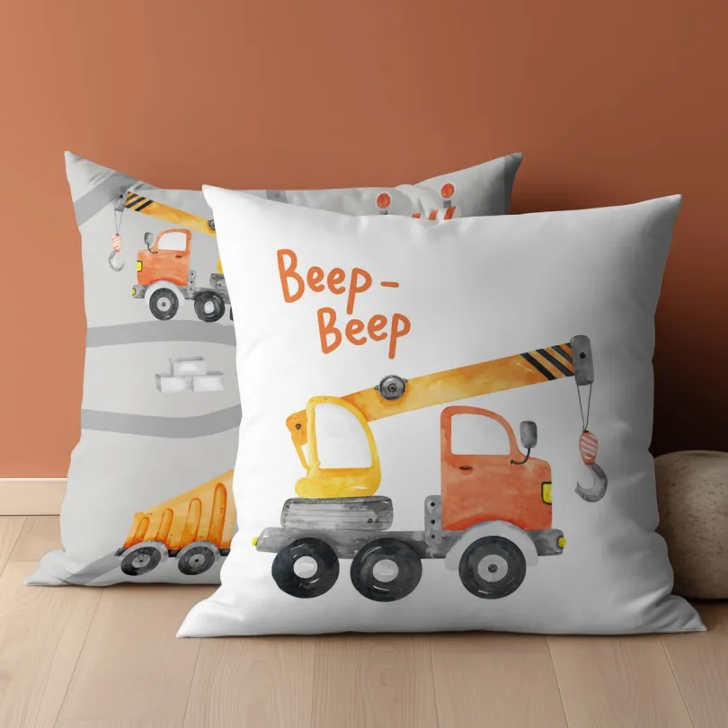 Kinder-Kissenbezug aus Baumwolle mit Baumaschinen - doppelseitig