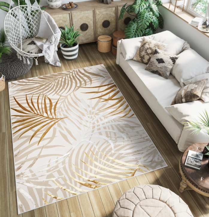 Dizajnový koberec s exotickými listami v béžovej farbe Golden