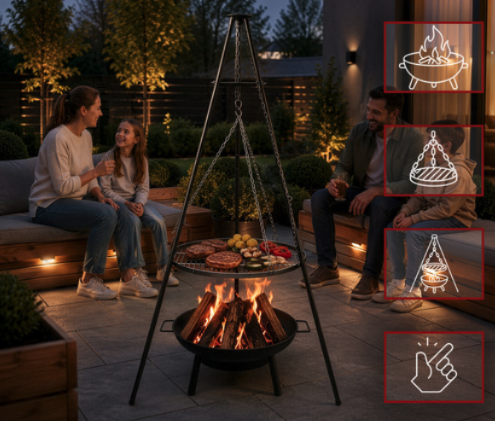 Kerti grill háromlábú állvánnyal – 58 cm-es, felfüggesztett rozsdamentes acél rács tűztérrel