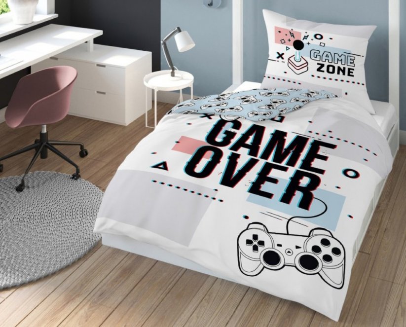 Biele herné detské posteľné obliečky s motívom GAME OVER