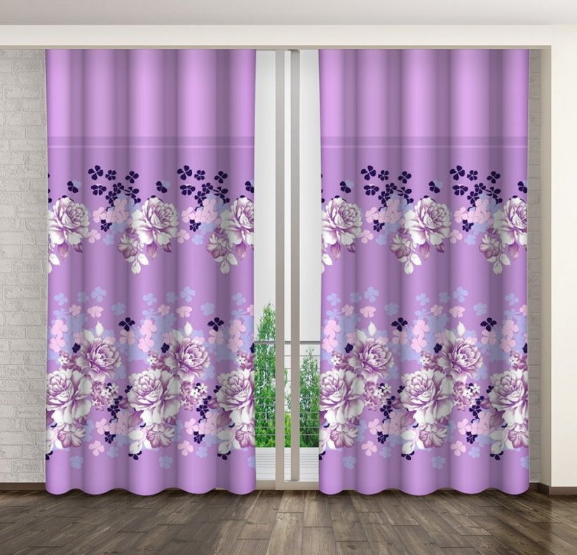 Dekoračný záves fialovej farby s motívom kvetov