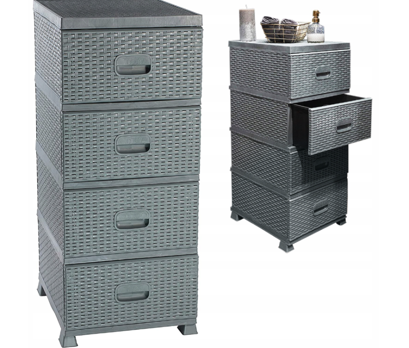 Sivá komoda s ratanovým dizajnom a 4 zásuvkami
