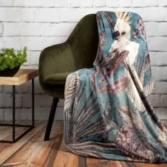 Kvalitná tyrkysová deka pokrytá potlačou exotických vtákov a kvetín 150 x 200 cm