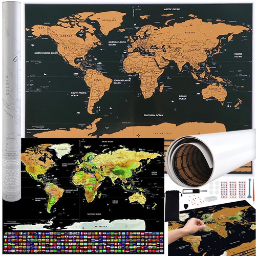 Mappa del mondo da grattare con bandiere 82 x 59 cm + accessori