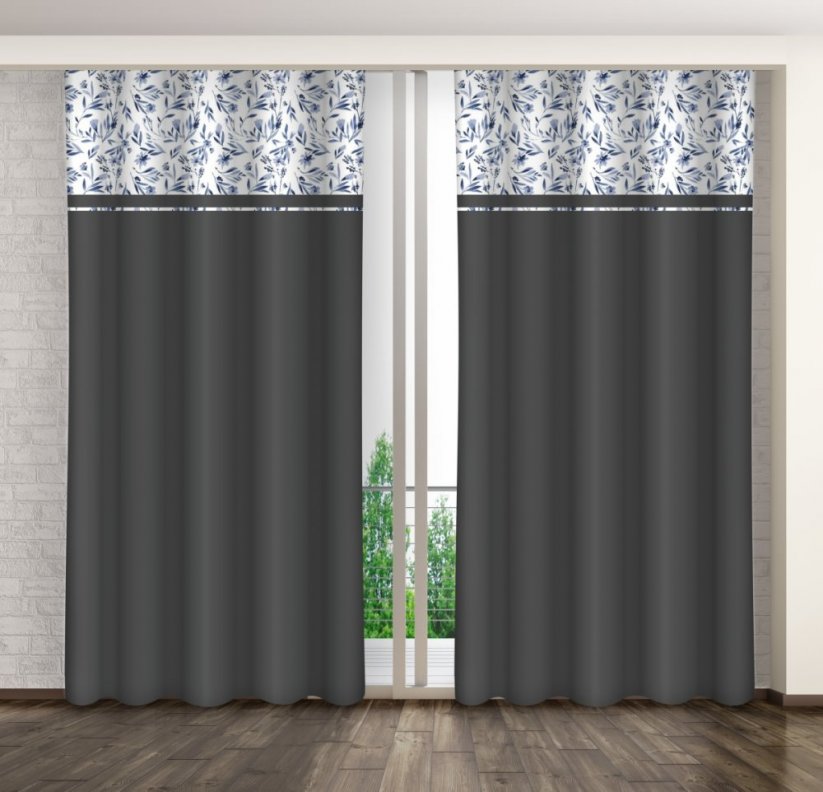 Sötétszürke dekoratív függöny kék mező virágokkal nyomtatott mintával - Méret: Szélesség: 160 cm | Hossz: 250 cm