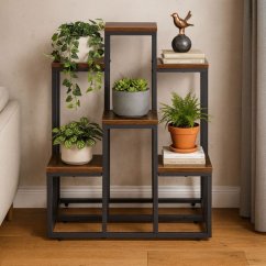 Loft Blumenständer - 6 Ablagen, schwarzer Stahl und Holzdekor