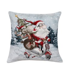 Vianočná gobelínová obliečka na vankúš Santa na skútri so sobom a stromčekom