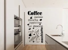 Nástěnná samolepka do kuchyně s názvy různých druhů kávy