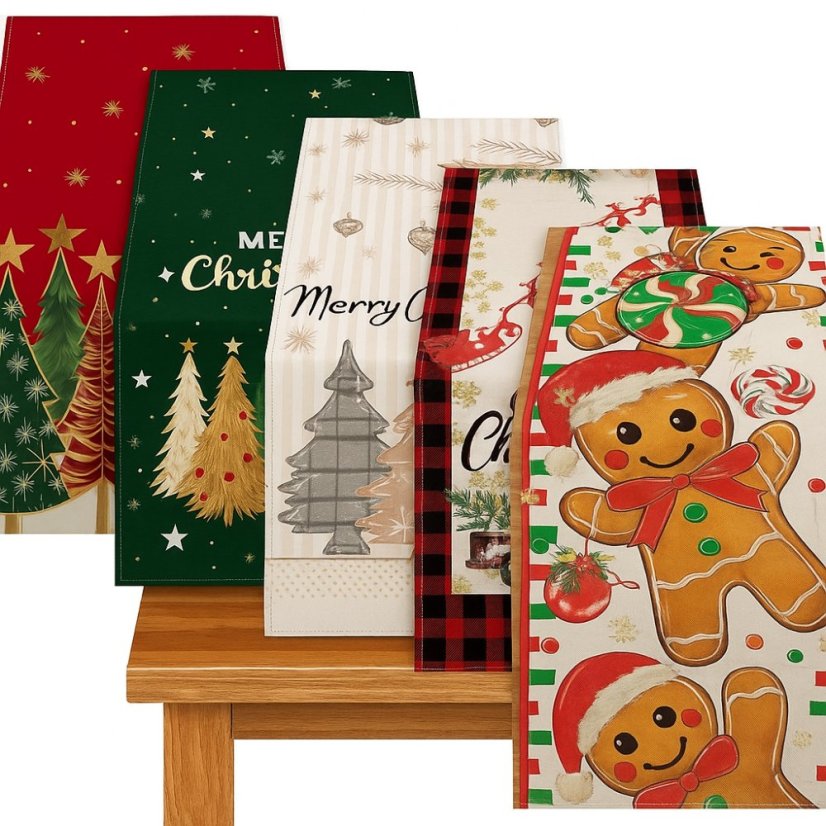 Vánoční lněný běhoun s potiskem - 180 x 33 cm