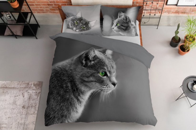 Bavlnené posteľné obliečky s motívom mačiatka sivej farby