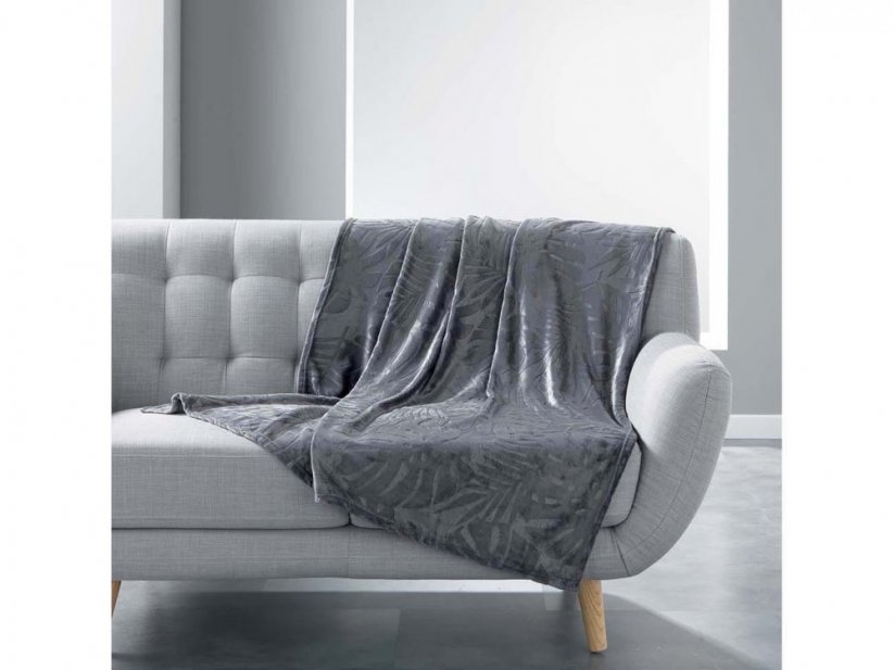 Sivá zamatová deka s motívom palmových listov 125 x 150 cm