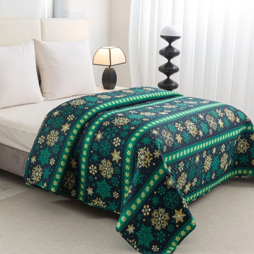 Zöld karácsonyi ágytakaró hópelyhekkel