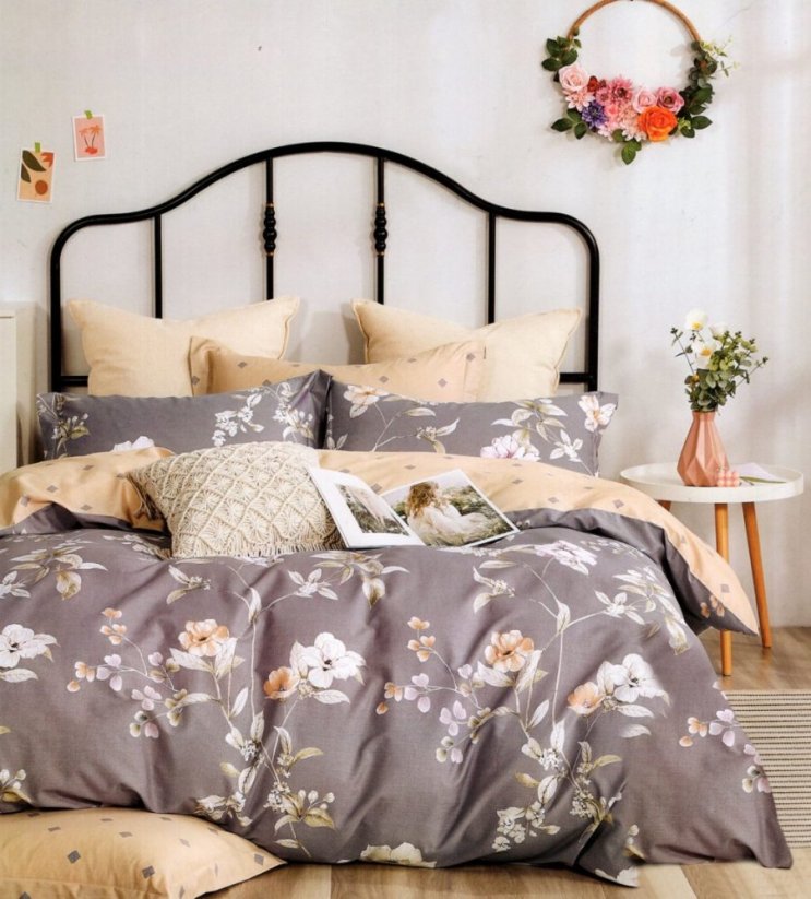 Sivé kvetinové posteľné obliečky z bavlny