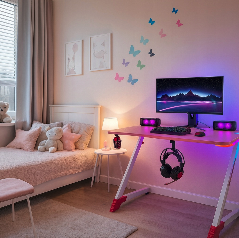Ružový herný PC stôl s RGB LED osvetlením