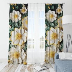 Dekorativna zavesa črne barve z značilnimi belimi cvetovi