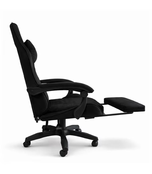 Scaun de gaming negru cu tapițerie din catifea și suport pentru picioare extensibil