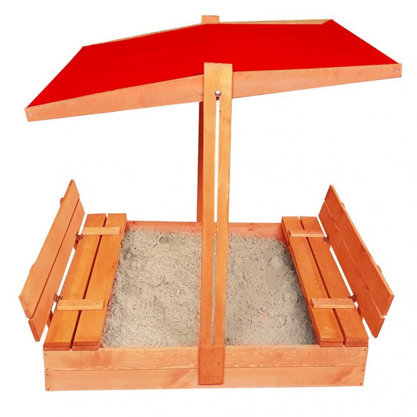 Zárható homokozó padokkal és piros tetővel 120 x 120 cm