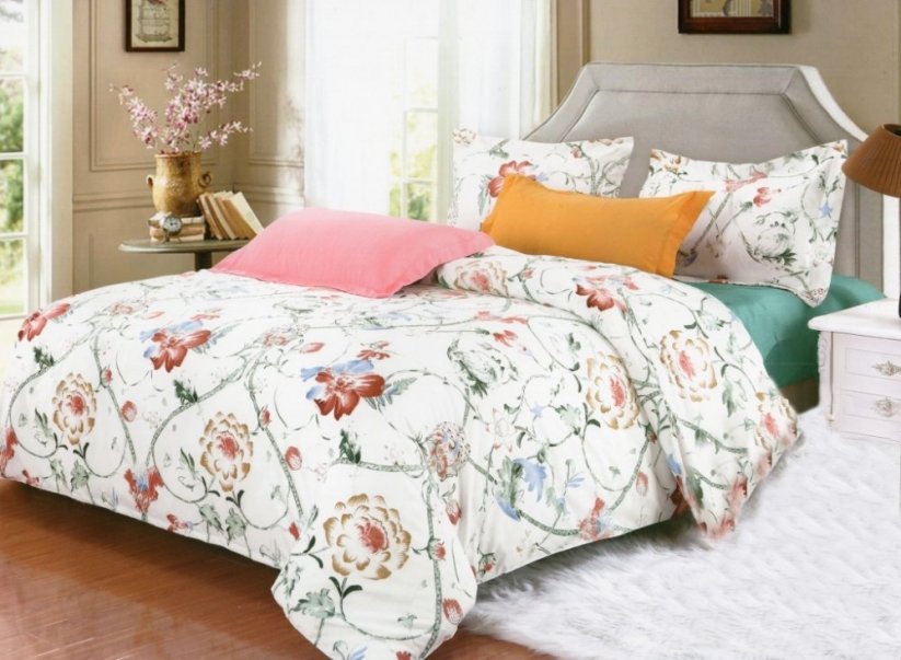 Biele obliečky na posteľ s potlačou viacfarebných kvetov