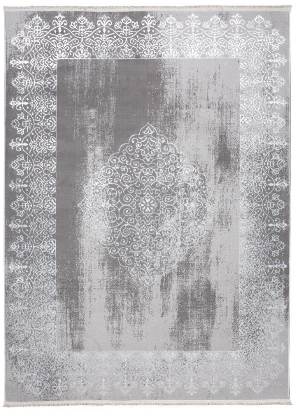 Moderan tepih u sivoj boji sa orijentalnim uzorkom u bijeloj boji