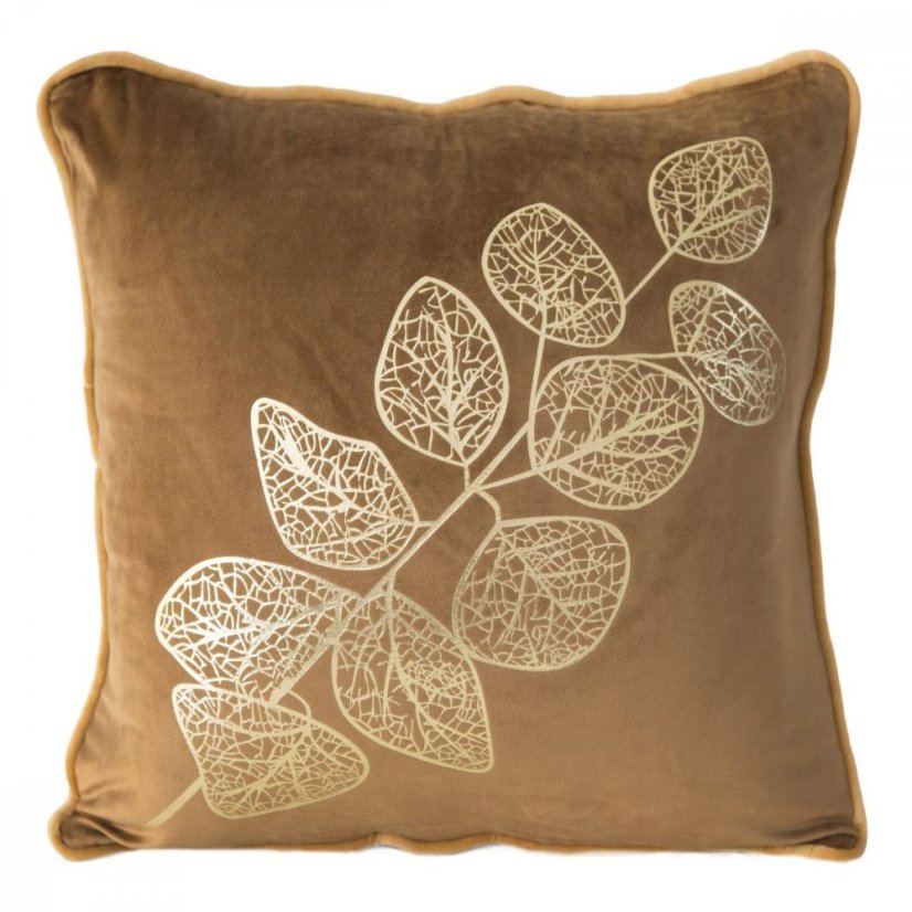 Kissenbezug aus karamellbraunem Samt mit goldenem Gingko-Motiv 45 x 45 cm