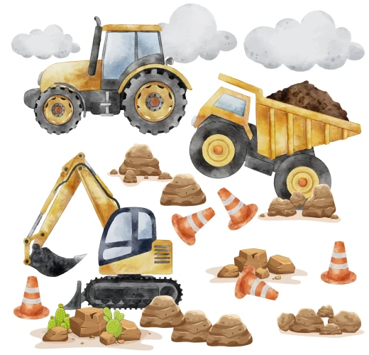 Sada samolepek na zeď pro chlapce - vozidla a stavební stroje