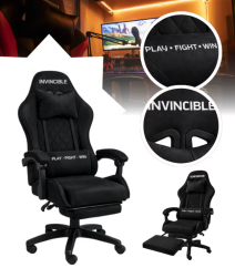 Scaun de gaming negru cu tapițerie din catifea și suport pentru picioare extensibil