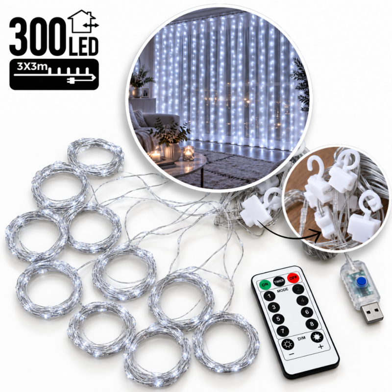 3x3 m vánoční LED řetězové světelné řetězy napájené z USB – 300 LED diod