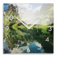 Dekorační skleněné hodiny 30 cm s motivem horského jezera