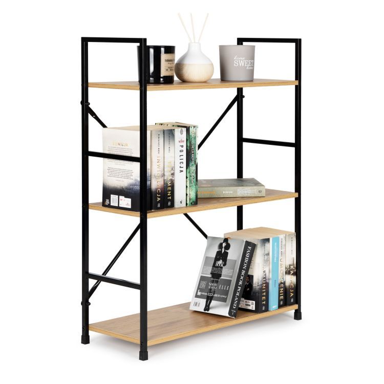 Drevený regál s kovovým rámom a s 3 policami