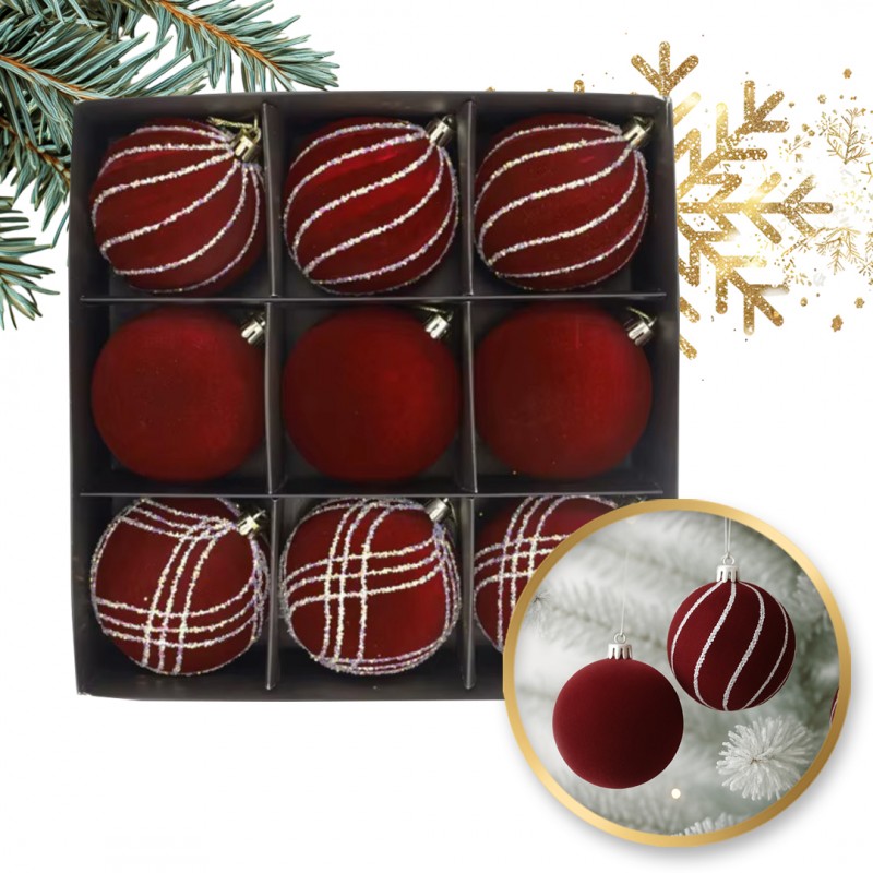Súprava 9 zamatových vianočných gúľ v trendovej bordovej farbe