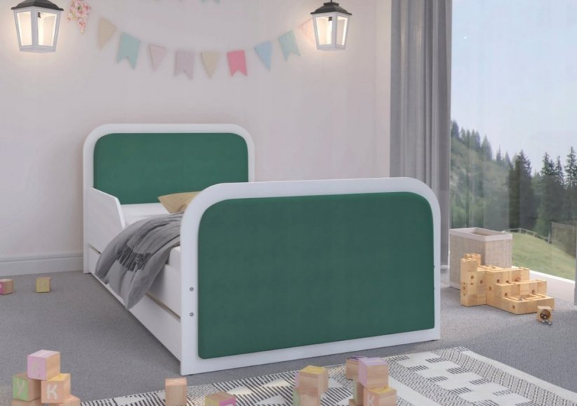 Bílá postel do dětského pokoje se zeleným čalouněním 180 x 90 cm