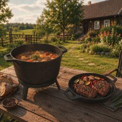Litinový kotlík 3 v 1 – myslivecký kotlík, pánev a stojan na vaření na ohni